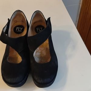 Fly London Black suede platform loafers